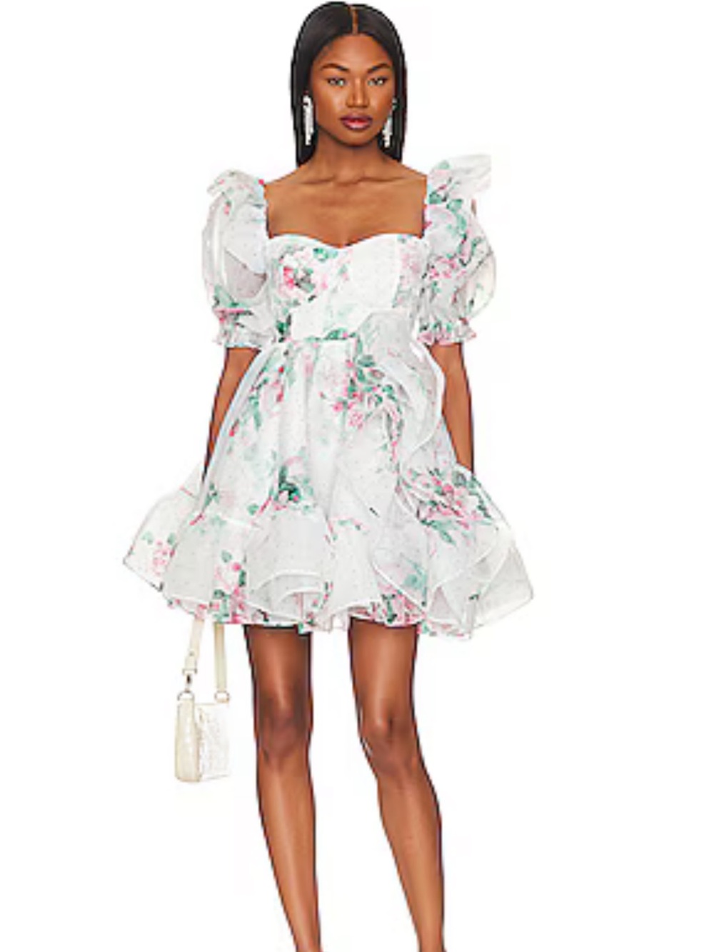 Selkie White Floral Puff-Sleeve Mini Dress with Pink and Green Print